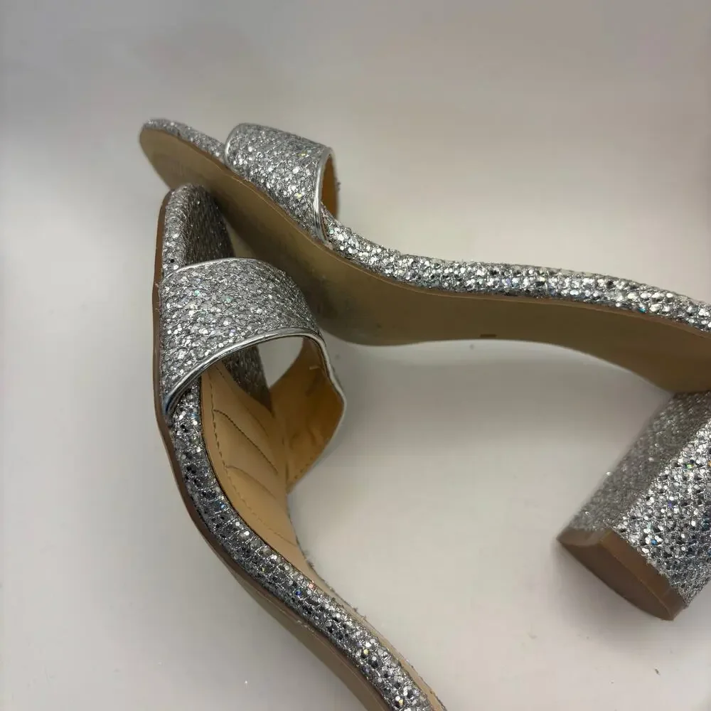 Badgley Mischka American Glamour Silver Glitter Block Heel Sandals Size 8